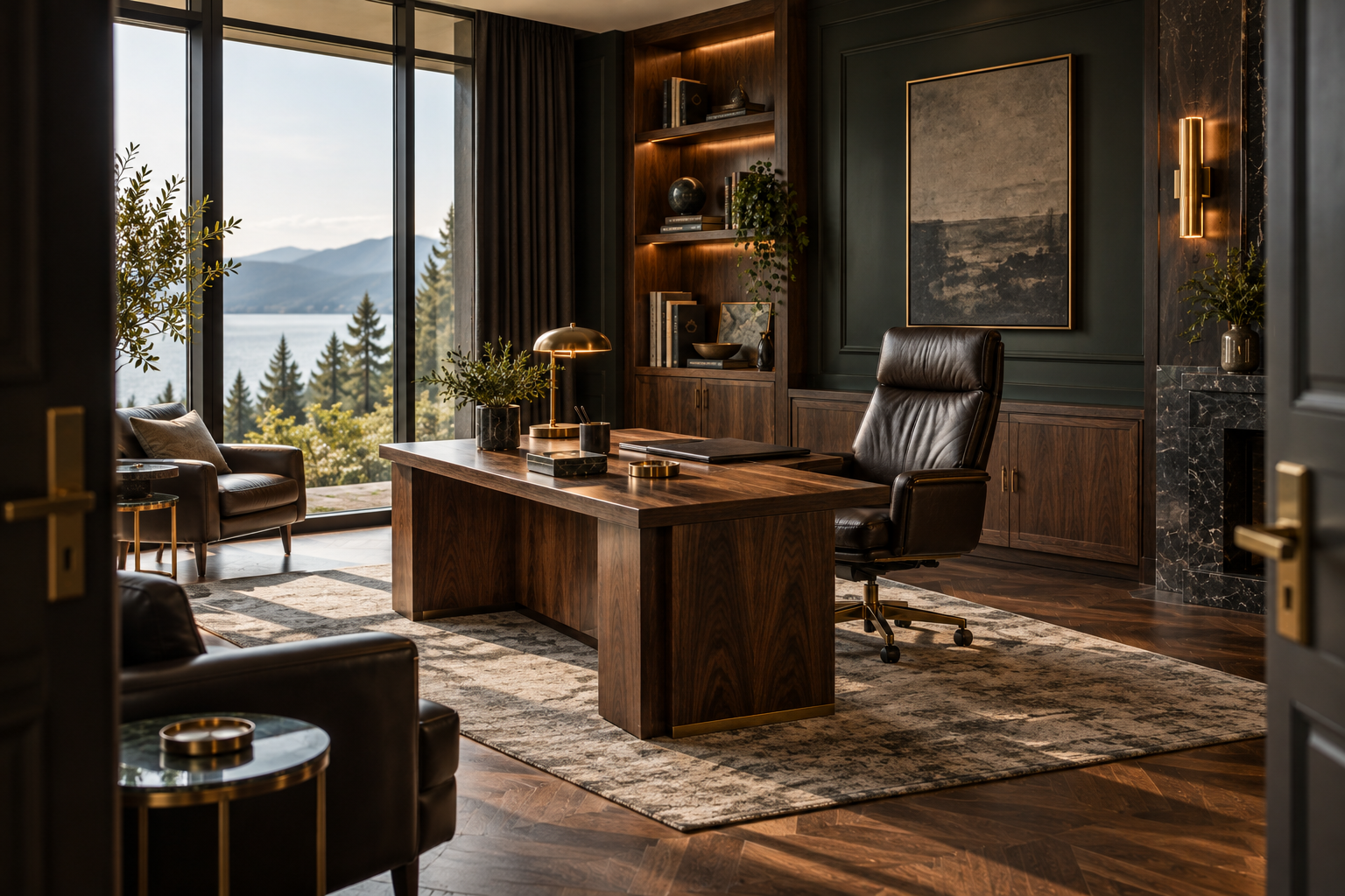 Dark walnut office with a leather executive chair, viewed through the entrance